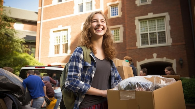 Jovem estudante universitária mudando suas coisas de casa para um dormitório universitário com seus pais sorrindo ao fundo