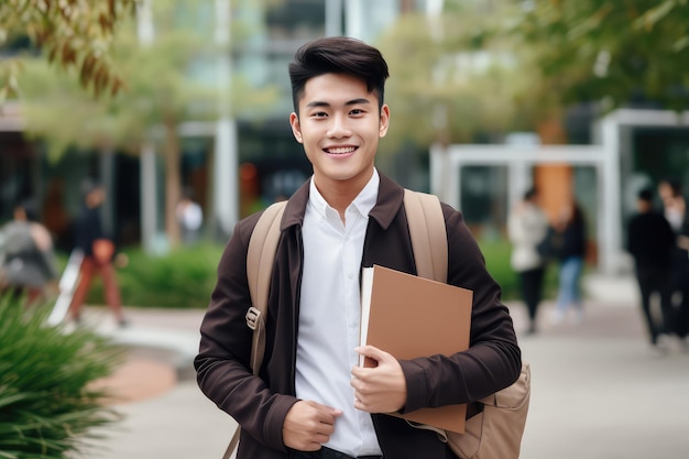 Jovem estudante universitário asiático com saco escolar