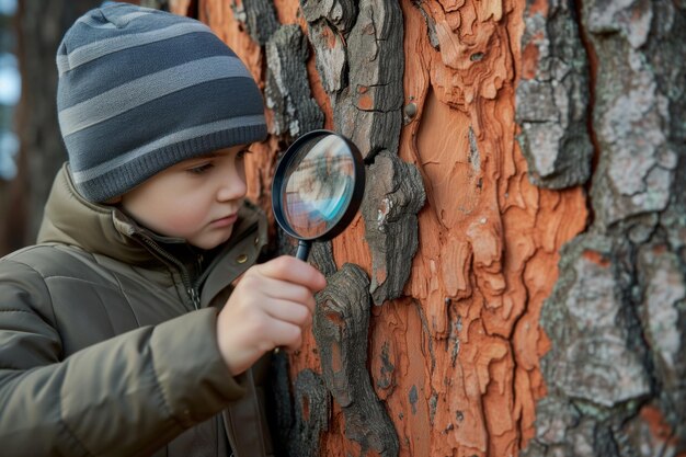 Foto jovem explorador com uma lupa inspecionando a casca de árvore