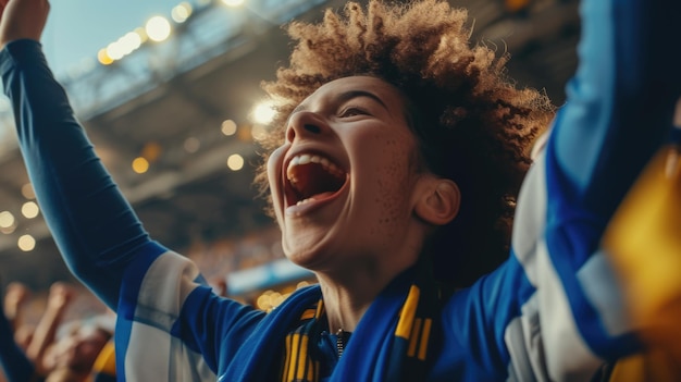 Jovem fã feliz em um jogo de futebol levantando os braços para aplaudir AIG41