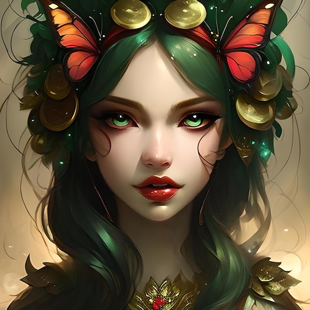 Jovem fada olhos grandes cabelo de cristal asas de borboleta conceito surreal