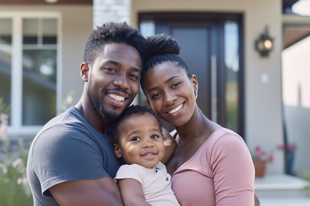 Jovem família afro-americana feliz com bebê na frente da nova casa Conceito de aluguel ou hipoteca