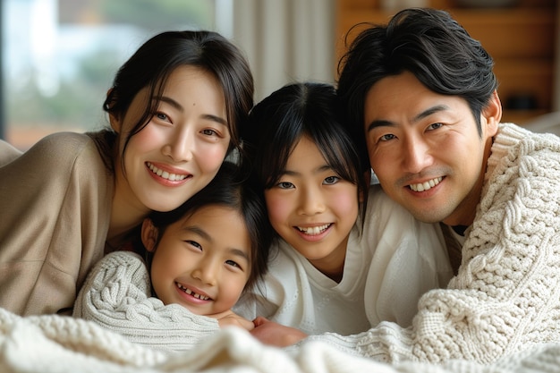 Jovem família asiática gostando juntos posando na frente da câmera