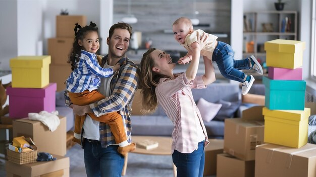 Foto jovem família feliz com caixas em mudança em sua nova casa