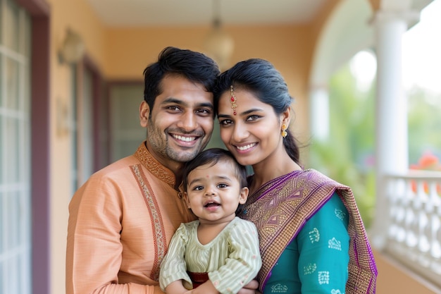 Foto jovem família indiana feliz com bebê em frente à nova casa conceito de habitação social