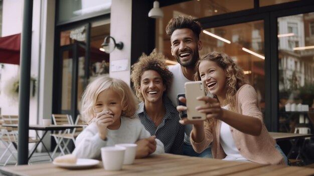 Jovem família mista tirando selfies em um smartphone em uma área de assento de café ao ar livre na cidade gera IA