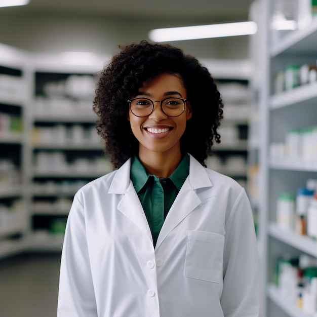Foto jovem farmacêutica afro-americana alegre