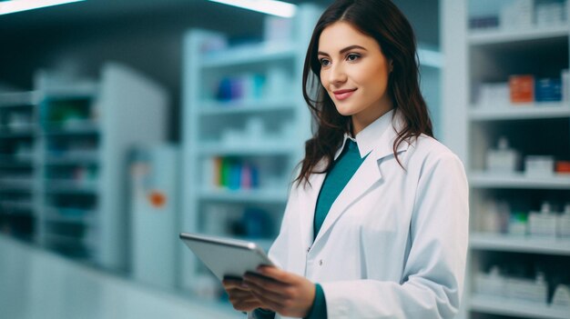 Foto jovem farmacêutica de farmácia