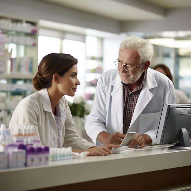 Jovem farmacêutico assegurando clientes informados