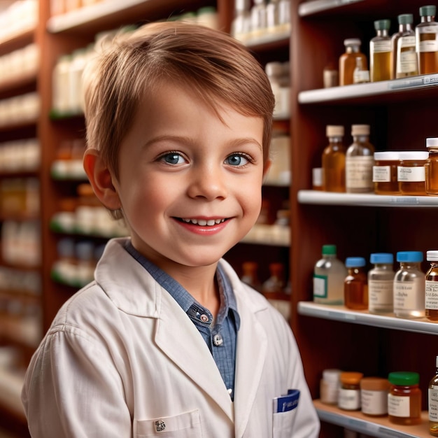 Foto jovem farmacêutico criança sorridente e confiante trabalhando na farmácia