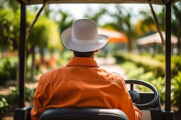 Jovem fazendeiro de chapéu a conduzir um tractor numa quinta capturado por trás num cenário agrícola