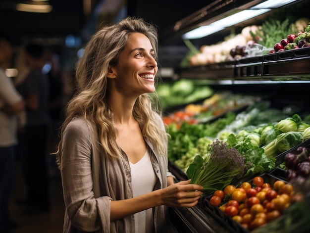 Jovem fazendo compras no supermercado Vista lateral escolhendo frutas e vegetais frescos no supermercado Conceito de compras Design ai