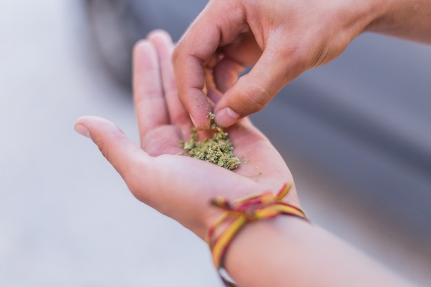 Jovem fazendo um charro de maconha fechar fumar cannabis como um conceito de medicina alternativa e legal ...