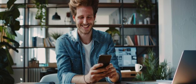 Jovem feliz a desfrutar de uma mensagem engraçada no telemóvel em casa