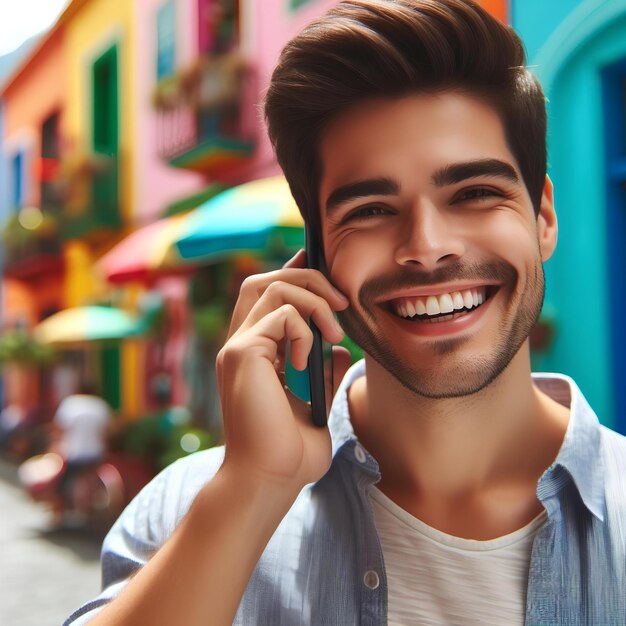 Jovem feliz a falar ao telefone.