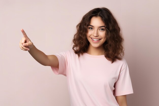 jovem feliz apontando com o dedo isolado