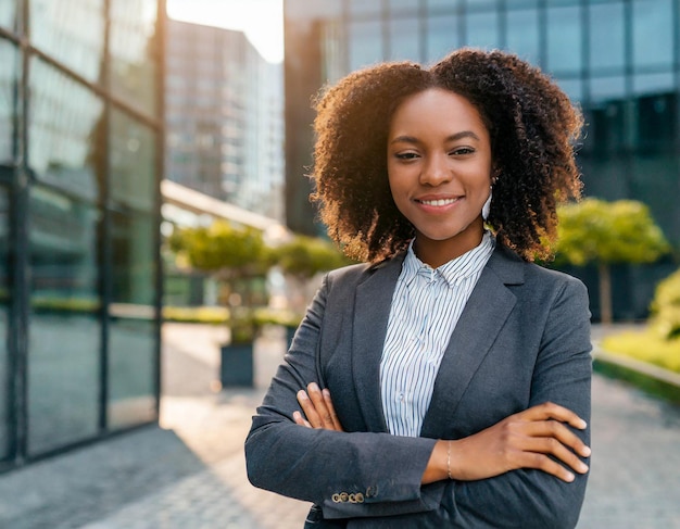 Jovem, feliz, bonita, sorridente, mulher de negócios profissional, americana, africana, feliz, confiante, positiva.