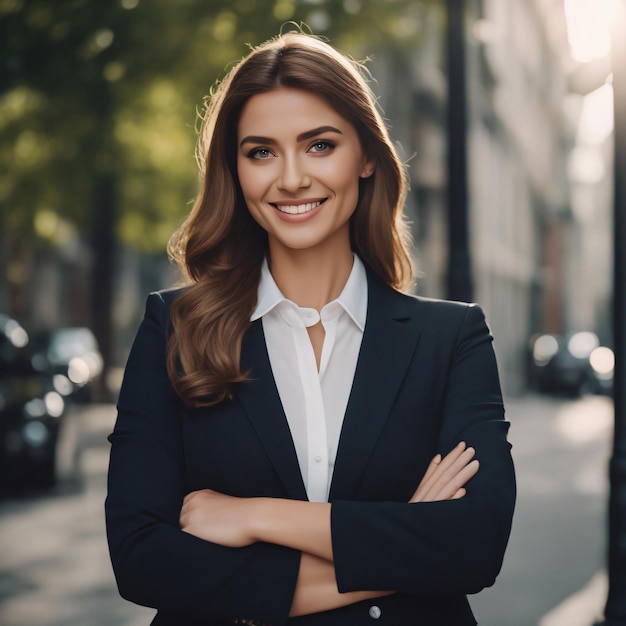 Jovem, feliz, bonita, sorridente, mulher de negócios profissional com um portátil.