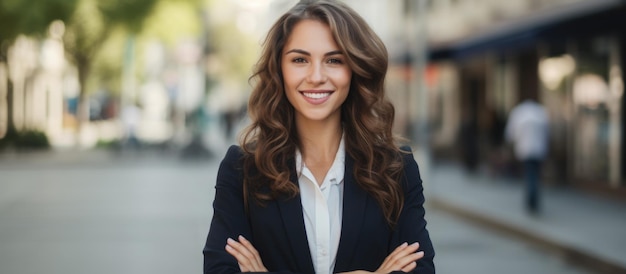 Jovem, feliz, bonita, sorridente, profissional, mulher de negócios, feliz, confiante, positiva.