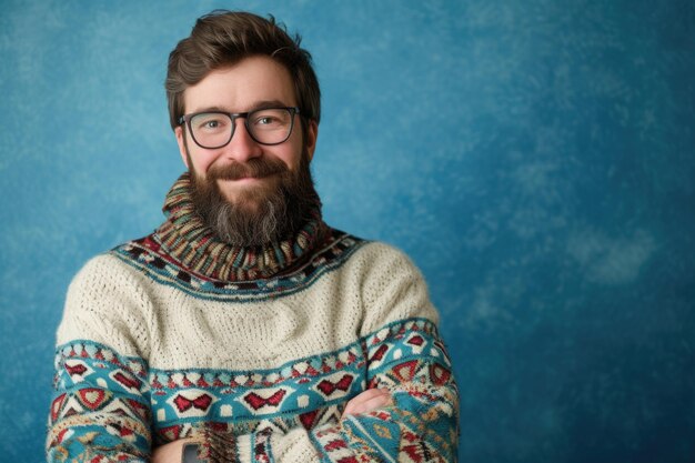 Foto jovem feliz com barba e óculos posando com confiança