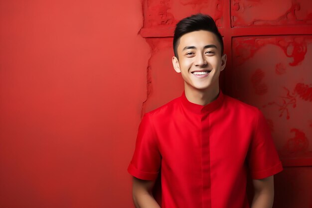 Foto jovem feliz com camisa chinesa fundo vermelho espaço para texto