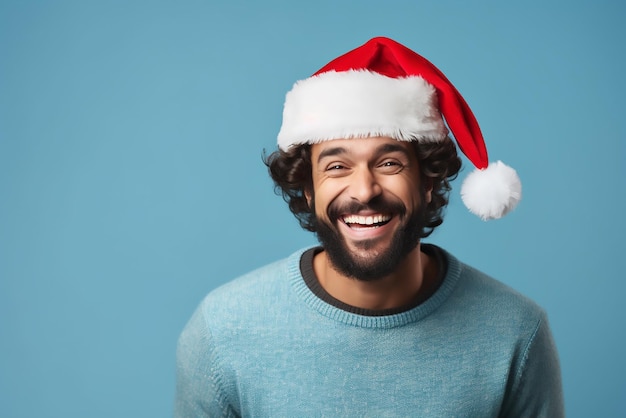 Jovem feliz com camisola de Natal e chapéu de Papai Noel em fundo azul claro Espaço para texto