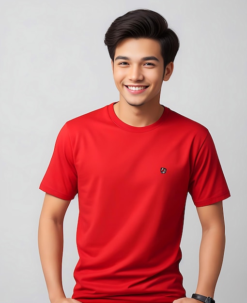 Jovem feliz com caule em camisa vermelha
