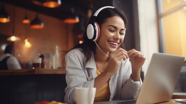 jovem feliz com laptop ouvindo música e usando fones de ouvido sem fio