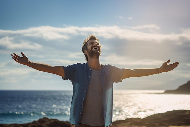 jovem feliz com mochila olhando para o céu no mar