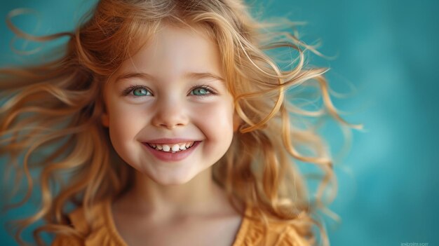 Jovem feliz com o cabelo soprado pelo vento sorrindo para a câmera em um retrato alegre ao ar livre