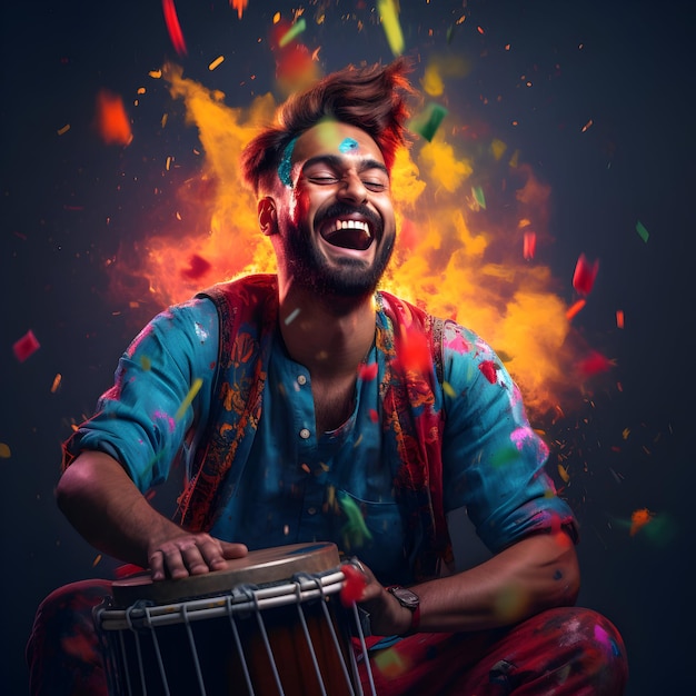 Jovem feliz comemorando o dia feliz lohri com Dholak ou tambor Feliz dia lohri fundo festivo