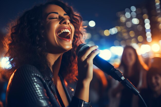 Foto jovem feliz e atraente garota caucasiana cantando no microfone em uma festa de karaokê em close-up no rosto