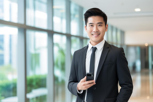 Jovem, feliz e sorridente executivo de empresário japonês asiático segurando smartphone Generative AI