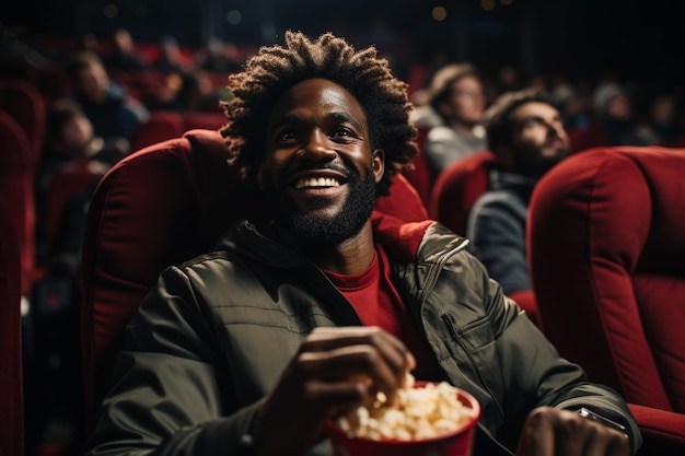 jovem feliz em roupas casuais, sentado em uma poltrona no cinema e ouvindo música em filmes modernos