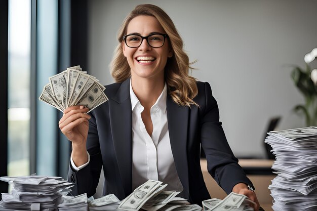 Jovem feliz empregado de sucesso mulher de negócios advogada corporativa usa um fato formal clássico óculos trabalha no escritório joga fora notas de papel celebra a liberdade do trabalho de rotina