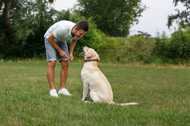 Jovem feliz está treinando um cachorro labrador ao ar livre