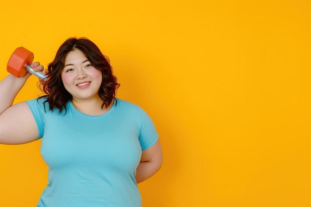 Foto jovem feliz, gordo, com excesso de peso e tamanho grande, gordo e apto. mulher japonesa com top azul.