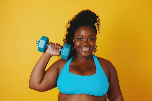 Jovem feliz, gordo, com excesso de peso, grande e gordo, mulher afro-americana com top azul.