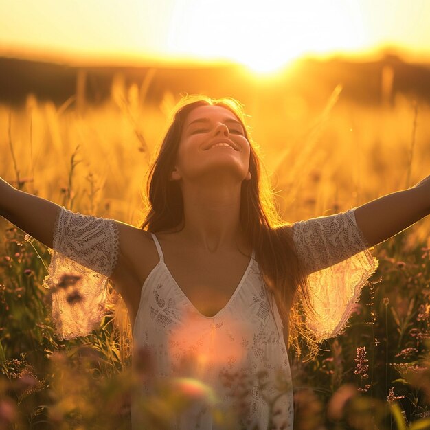 Foto jovem feliz no campo de trigo