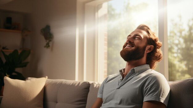 Foto jovem feliz numa sala com ar condicionado a funcionar