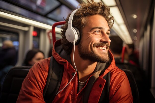 Jovem feliz ouvindo música enquanto viaja de ônibus gerado por IA