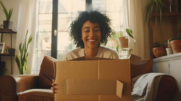 Jovem feliz relaxando no sofá na aconchegante sala de estar iluminada pelo sol