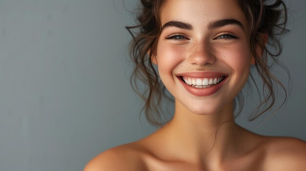 Foto jovem feliz rindo com pele perfeita maquiagem natural e um sorriso bonito retrato feminino com ombros nus em um fundo cinza