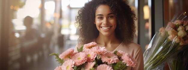 Foto jovem feliz segura um buquê de flores em suas mãos