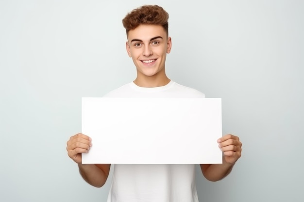 Jovem feliz segurando uma bandeira branca em branco isolado retrato de estúdio