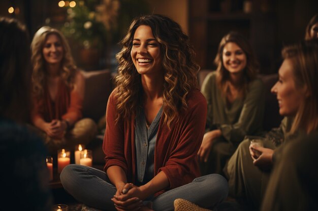 jovem feliz sentada em uma poltrona à noite