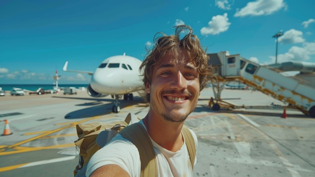 Jovem feliz tirando selfie no aeroporto com avião ao fundo