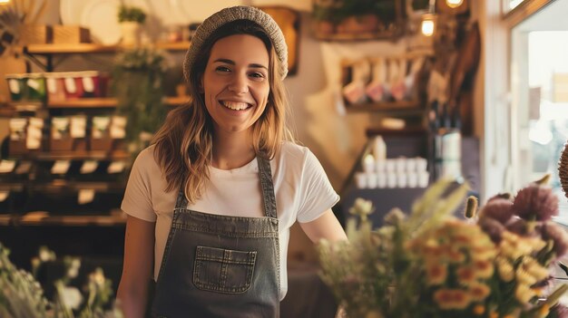 Jovem florista sorrindo felizmente em sua florista proprietária de uma pequena empresa