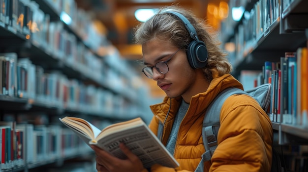 Jovem focado com fones de ouvido a ler um livro na biblioteca