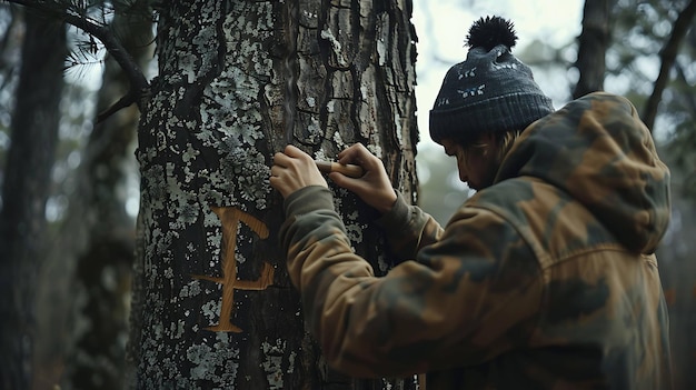 Jovem focado esculpindo uma forma de coração num tronco de árvore na floresta